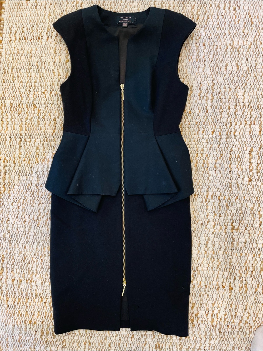 Ted Baker Black Midi Peplum Dress with Gold Zip Detail